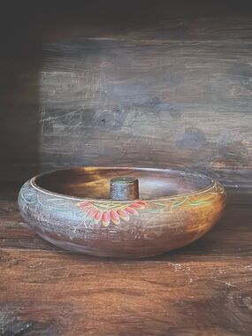 Vintage Carved Wood Key Bowl Hand Painted Folk Art Catchall Dish